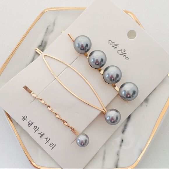 Set of 3 Black Pearl Gold Tone Hair Pins Barrettes NWT - Picture 1 of 5